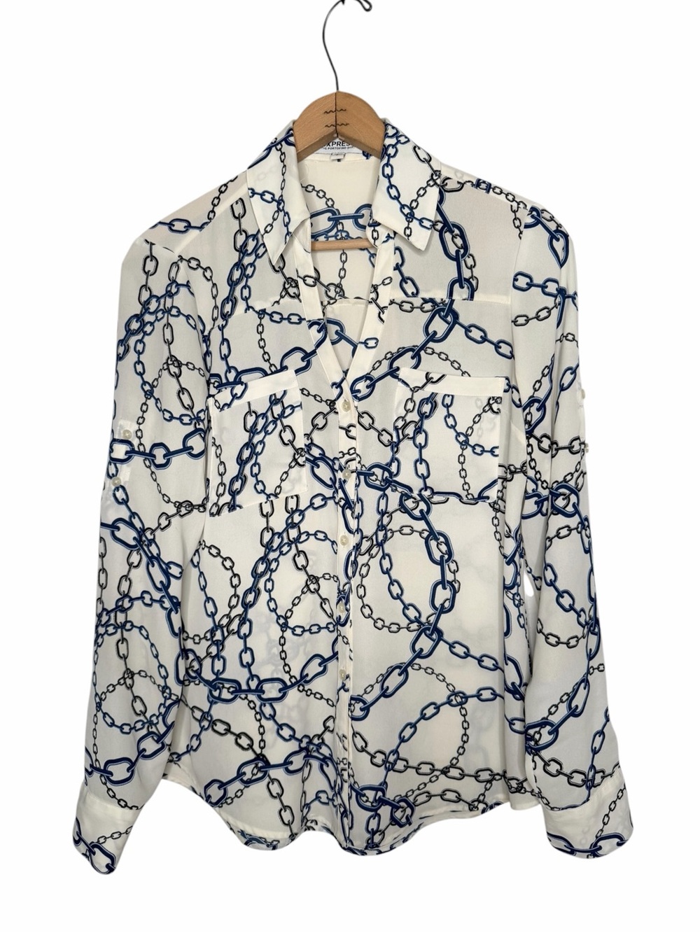 Express Blue Chain Pattern V-neck Button Down Blouse Roll Tab Sleeves Size Small